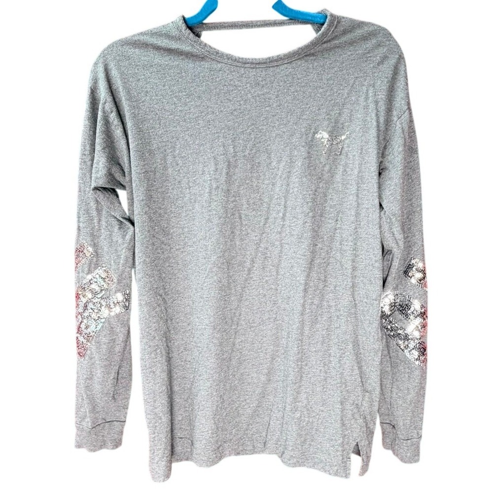 PINK Victoria's Secret Long Sleeve Shirt Women XS Gray Sequin Logo Open Back